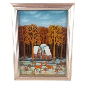Vintage 70s P. Vulic Reverse Glass Painting Orange Winter Village Folk Art Rare